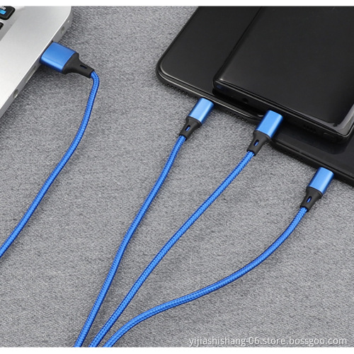 Yijiashishang Nylon braided 3-in-1 charging cable with iOS 8PIN, Micro USB and Type-C interface 2.A Aluminum Alloy connectors